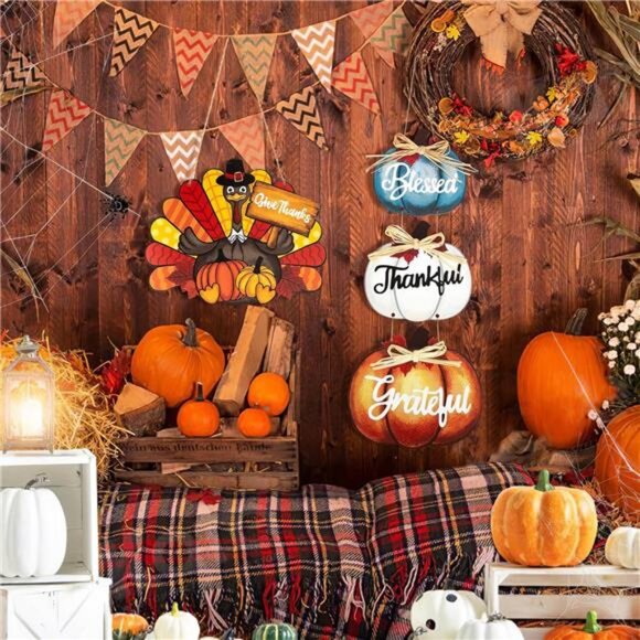 Thanksgiving Decoration Wood Pumpkin Turkey Door Wall Wreath for Front Door - Picture 5 of 8